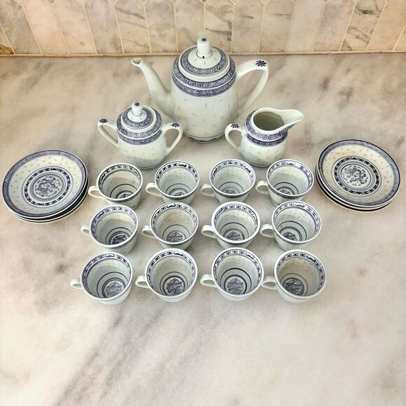 Vintage Chinese Tea Set Blue White Rice Porcelain MINT - Picture 3 of 13
